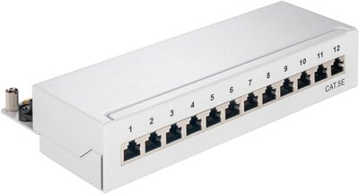 Patch panel 12port cat.5e, tienený s uzemnením, celokovový, montáž na stenu, 1U, sivý