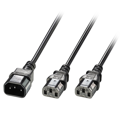 Kábel sieťový 230V predlžovací, 2xC13 - C14, 2m (1.5m, 0.75mm² + 2x0.5m, 0.75mm²), Y-Kábel, čierny