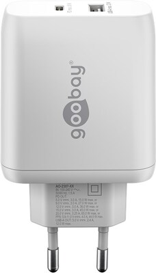 Nabíjačka USB 230V 2port, 1xUSB A 2.0, 1xUSB C (Power Delivery), 65W, GaN, biela