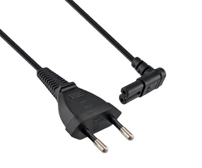 Kábel sieťový 230V, 2pin vidlica (CEE7/16) priama - C7 (2pin) zahnutý, 2m, 0.75mm², 2.5A, čierny