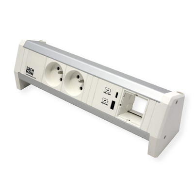 DESK 2xUTE 230V, 1xCustom, nabíjačka (USB A + USB C), GST18 IN/OUT, hliník/biely