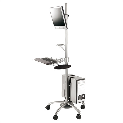 Držiak na kolieskach pre monitor, PC a klávesnicu, max 30kg, výška 180cm, VESA 75/100, sivý