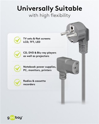 Kábel sieťový 230V, vidlica (CEE7/7) lomená - C13 zahnutý (doprava), 2m, 0.75mm², 10A, sivý