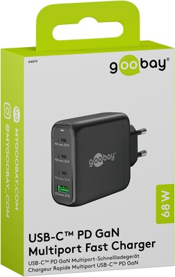 Nabíjačka USB 230V 4port, 1xUSB A, 3xUSB Typ C, 68W, Power Delivery, GaN, čierna