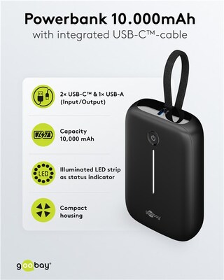 PowerBank 10000mAh, QC 3.0, LED display, zabudovaný kábel USB Typ C 0.13m, 8x6x3cm, čierna
