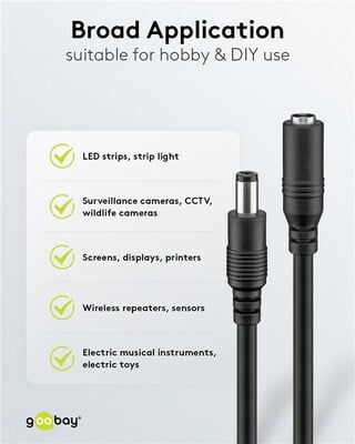 Kábel predlžovací DC 5.5mm / 2.1mm, AWG20, 1.5m, čierny