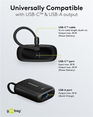 PowerBank 10000mAh, QC 3.0, LED display, zabudovaný kábel USB Typ C 0.13m, 8x6x3cm, čierna