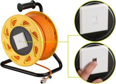 S/FTP (PiMF) Patchkábel LSOH 50m drôt cat.7a, AWG23, 10GBase-T, oranžový, meď, prenosný na bubne