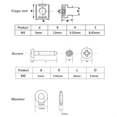 Montážny materiál pre 19" komponenty, M5, 100 kusov, čierny