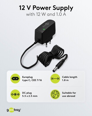 Adaptér NTS 1000mA, Univerzálny 12V, 12W, 1.8m kábel, Konektor DC 5.5x2.5, čierny