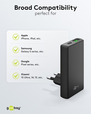 Nabíjačka USB 230V 2port, 1xUSB A, 1x USB Typ C, 65W, Power Delivery, Quick Charge 3.0, plochá, čier