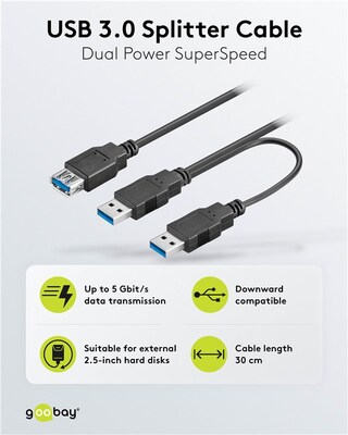 Kábel USB 3.2 Gen 1, A-A 2xM/F 0.3m, 5Gbps, predlžovací, čierny, Y-kábel, Extra napájanie