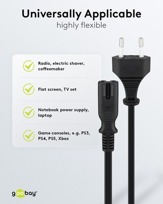 Kábel sieťový 230V, 2pin vidlica (CEE7/16) priama - C7 (2pin), 1.8m, 0.75mm², 2.5A, čierny