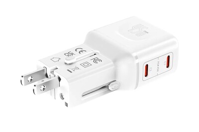Nabíjačka USB 230V 2port, EU/UK/US, 2xUSB Typ C, 45W, PD, QC 3.0, cestovná/skladacia/vrecková, biela