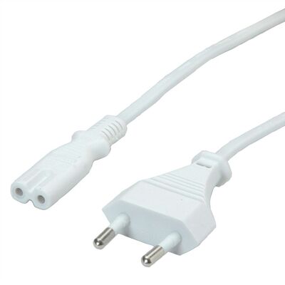 Kábel sieťový 230V, 2pin vidlica (CEE7/16) priama - C7 (2pin), 1m, 0.75mm², 2.5A, biely