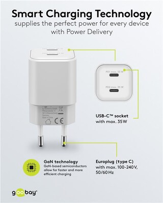 Nabíjačka USB 230V 1port, 2x Typ C, 35W, Power Delivery, Fast Charge, Nano, GaN, čierna