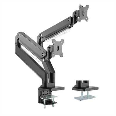 Držiak pre 2x monitor na stôl, úchyt o dosku, pneumatický, max 15kg, rameno 526mm VESA 75/100 čierny