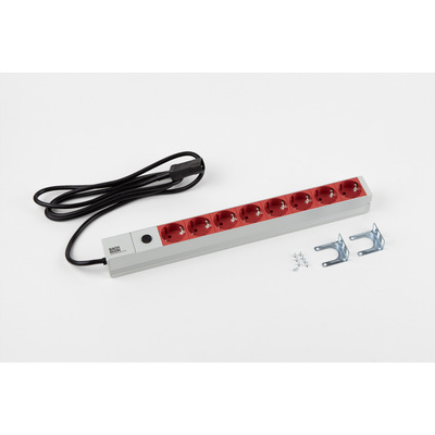 19" zásuv. lišta 8xSCHUKO, konektor C14, 10A, 2300W, 2m, sivá/červená