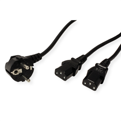 Kábel sieťový 230V, vidlica (CEE7/7) lomená - 2x C13, 2m, 1.00mm², Y-Kábel, čierny