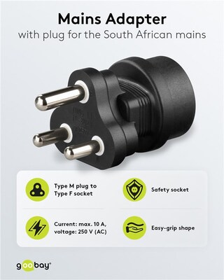 Adaptér cestovný Európa SCHUKO (CEE7/3) -> Južná Afrika, India (BS-546), max. 16A, čierny 