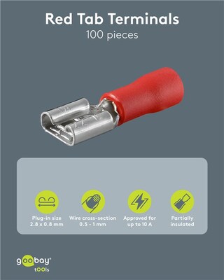 Plochý nasúvací konektor FASTON samica, 6.4mm/0.8mm, 10A, izolovaný, červený, 100ks/bal