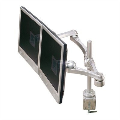 Držiak pre 2x monitor na stôl, úchyt o dosku, max 8kg, ramneno 620mm, VESA 75/100, strieborný