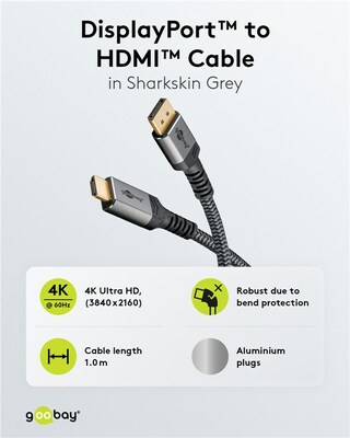 Kábel DisplayPort na HDMI M/M 5m, jednosmerný, 4K@60Hz UHD, audio, čierny/sivý, pozl. konektor