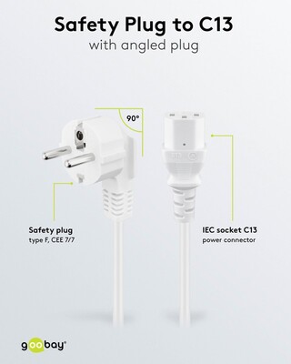 Kábel sieťový 230V, vidlica (CEE7/7) lomená - C13, 5m, 1.00mm², 10A, biely