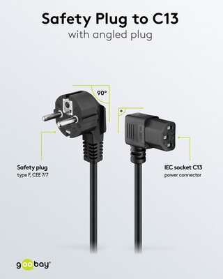Kábel sieťový 230V, vidlica (CEE7/7) lomená - C13 zahnutý (doprava), 2m, 0.75mm², 10A, čierny