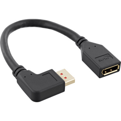 Kábel DisplayPort M/F 0.15m, 8K@60Hz, DP v1.4, 32.4Gbit/s, čierny, zahnutý konektor 90° dolava