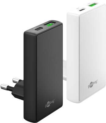Nabíjačka USB 230V 2port, 1xUSB A, 1x USB Typ C, 65W, Power Delivery, Quick Charge 3.0, plochá, čier