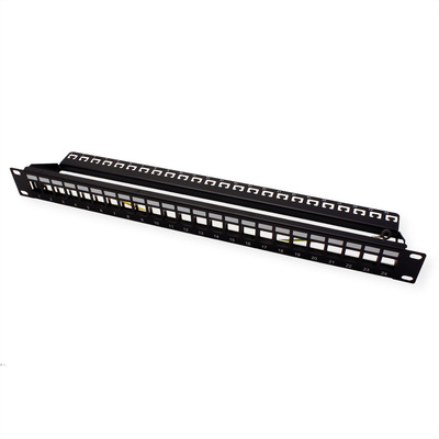 19" Patch panel 24port Keystone, tienený s uzemnením, celokovový, 1U, čierny