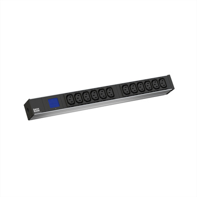 19" zásuv. lišta 8xC13, vidlica (CEE7/7), 16A, 3600W, 2m, s meraním výkonu, čierna