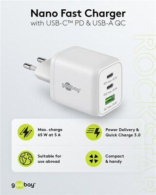 Nabíjačka USB 230V 3port, 1xUSB A, 2xUSB Typ C, 65W, Power Delivery, GaN, biela