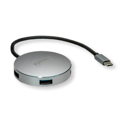 Hub USB 3.2 Gen.1 Typ C, 4 Port, 4x USB A Port, okrúhly, USB micro napájanie, 14cm, sivá a čierna