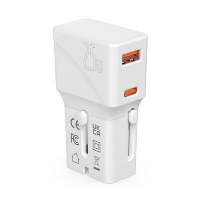 Nabíjačka USB 230V 2port, EU/UK/US, 1xUSB A, 1xUSB Typ C, 25W, PD, QC 3.0, cestovná/skladacia, biela