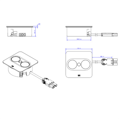 TWIST2 SQUARE 1xUTE 230V, nabíjačka (USB A + USB C), 2m kábel 1.5mm², vidlica CEE7/7, striebornosivá