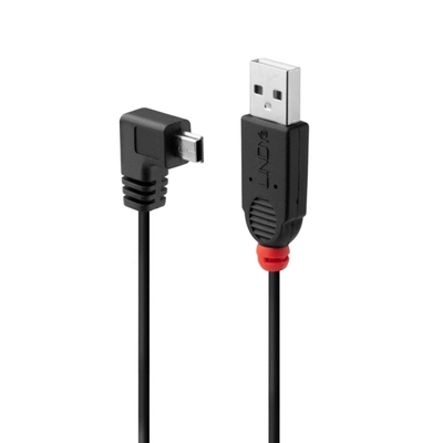 Kábel USB 2.0 A-MINI-B 5pin M/M 2m, High Speed, uhľový 90° doprava