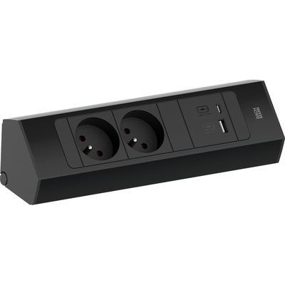 CASIA2 2xUTE 230V, USB nabíjačka, 2m kábel 1.5mm², vidlica CEE7/7, Hliník, čierna