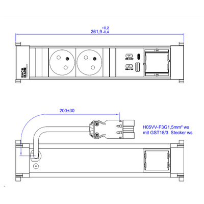 Power Frame 2xUTE 230V, 1xCustom, nabíjačka (USB A + USB C), 0.2m kábel 1.5mm², GST18, biely