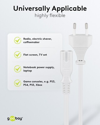Kábel sieťový 230V, 2pin vidlica (CEE7/16) priama - C7 (2pin), 3m, 0.75mm², 2.5A, biely