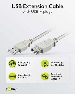 Kábel USB 2.0 A-A M/F 0.3m, High Speed, predlžovací, sivý