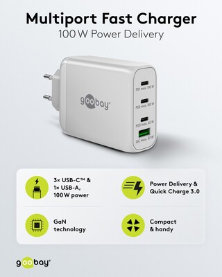 Nabíjačka USB 230V 4port, 1xUSB A, 3xUSB Typ C, 100W, Power Delivery, GaN, biela
