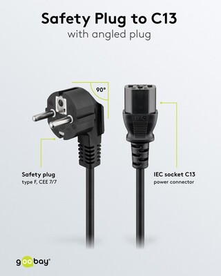 Kábel sieťový 230V, vidlica (CEE7/7) lomená - C13, 2m, 0.75mm², 10A, čierny