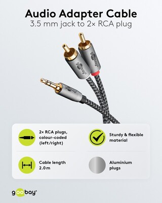 Kábel 3.5mm stereo/2xCinch M/M 2m, čierny/sivý, pozl. konektor