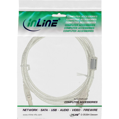 Kábel USB 2.0 A-B M/M 5m, High Speed, transparentný, pozl. konektor, s feritom