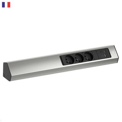 CASIA2 3xUTE 230V, USB nabíjačka, 2m kábel 1.5mm², vidlica CEE7/7, Hliník, nerezová farba