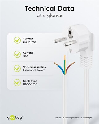 Kábel sieťový 230V, vidlica (CEE7/7) lomená - dutinky, 3m, 1.00mm², 16A, surový, biely