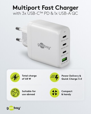 Nabíjačka USB 230V 4port, 1xUSB A, 3xUSB Typ C, 68W, Power Delivery, GaN, čierna