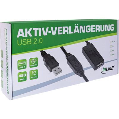 Kábel USB 2.0 A-A M/F 15m, High Speed, predlžovací, čierny, aktívny